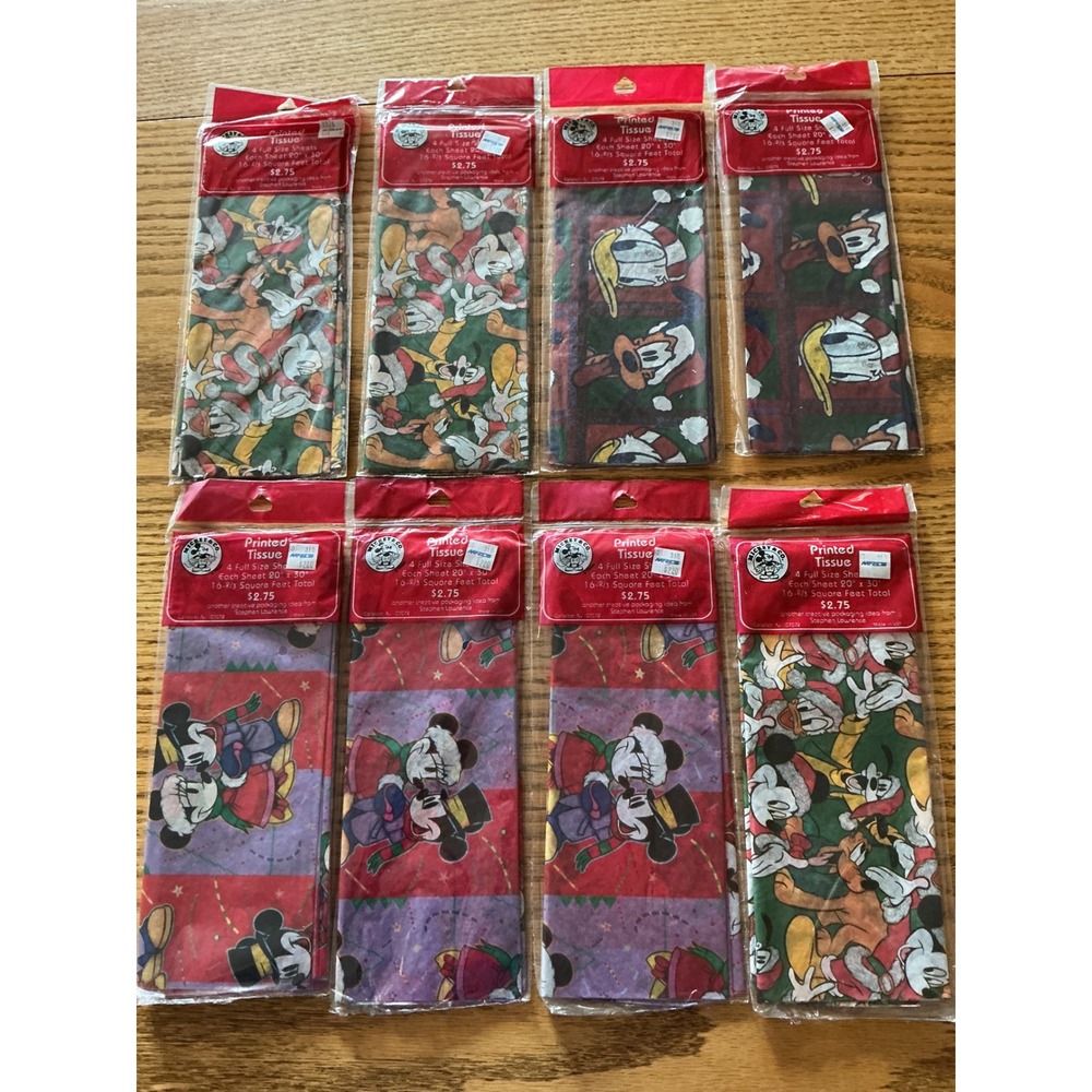 Vintage Disney Christmas Printed Tissue Paper Lot Mickey Donald Goofy 8 Packs
